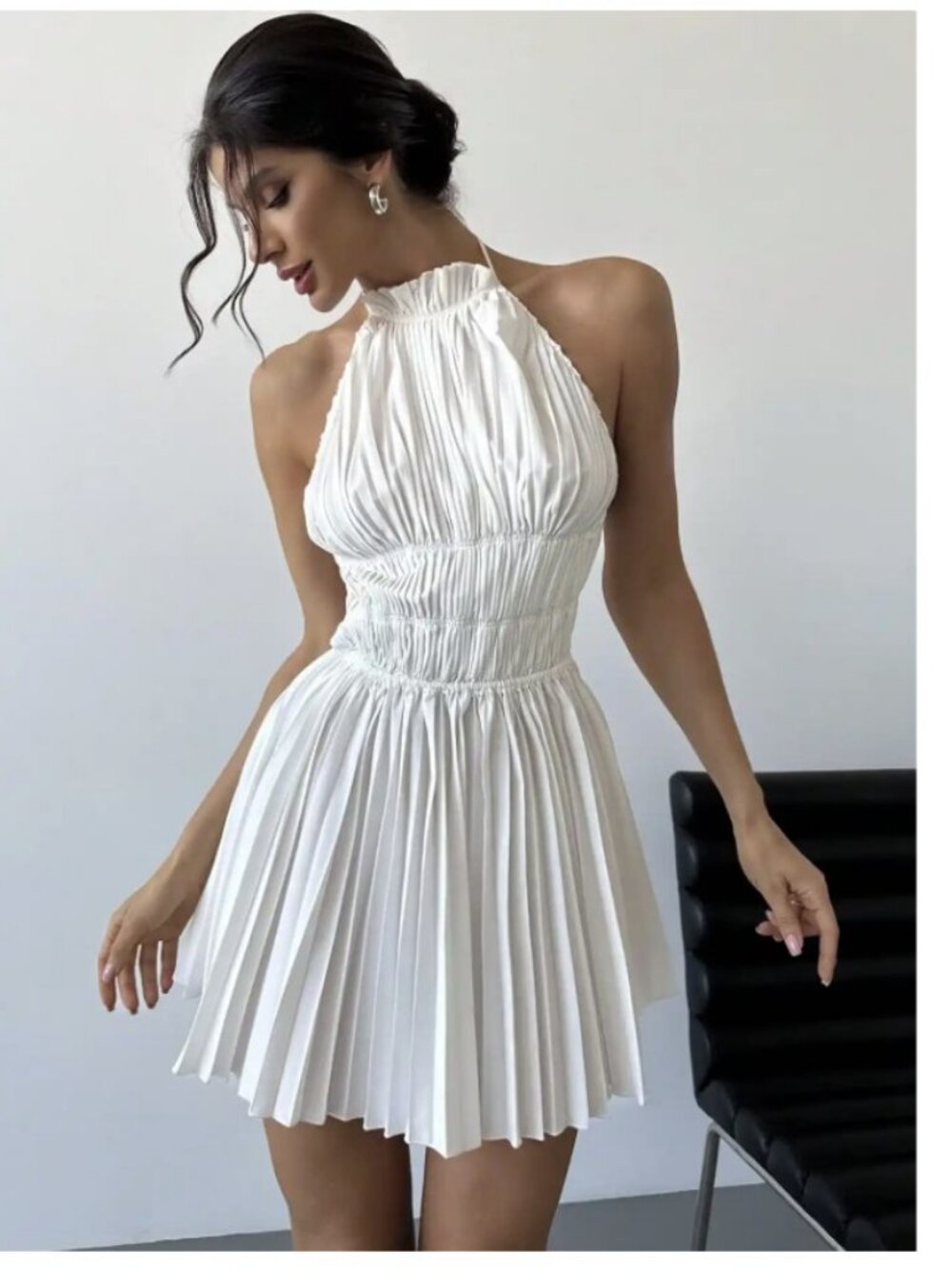 White Crease Cinched Waist Halter Backless Mini Dress from Shein